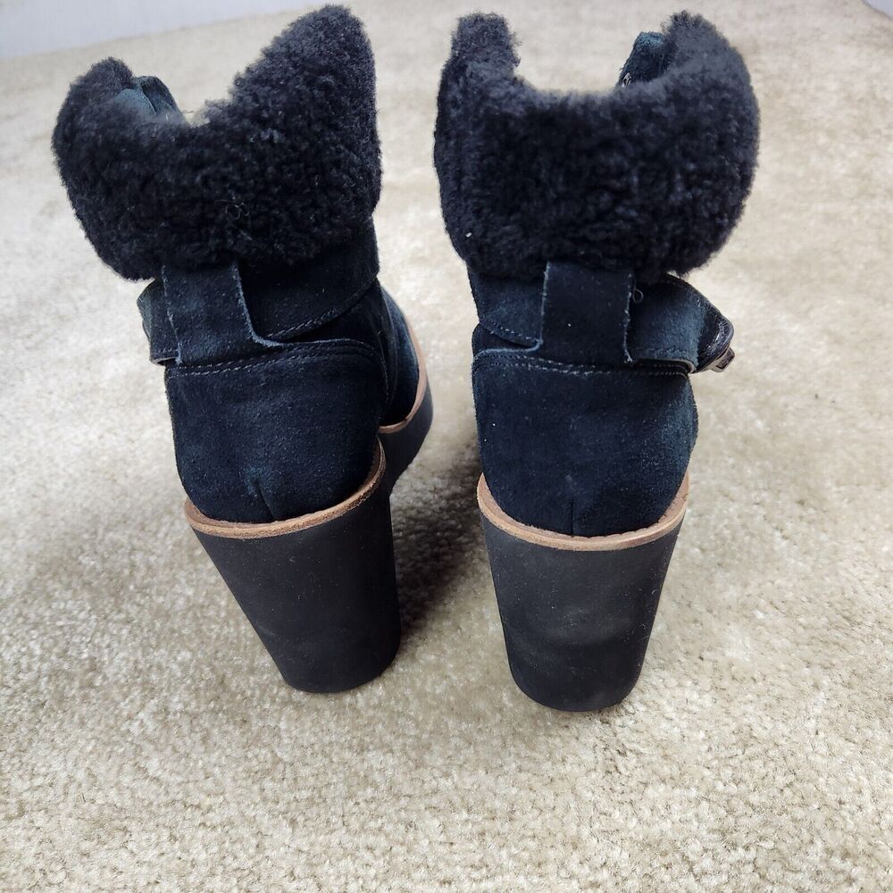 Coach Kenna Wedge Boots Booties Suede Shearling Black Buckle Size 7.5 B Ankle - Picture 2 of 8